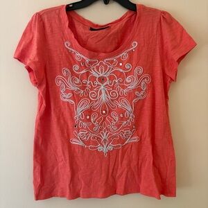 Style & Co Coral Embroidered Beaded Boho Tee Large Short Sleeve Top